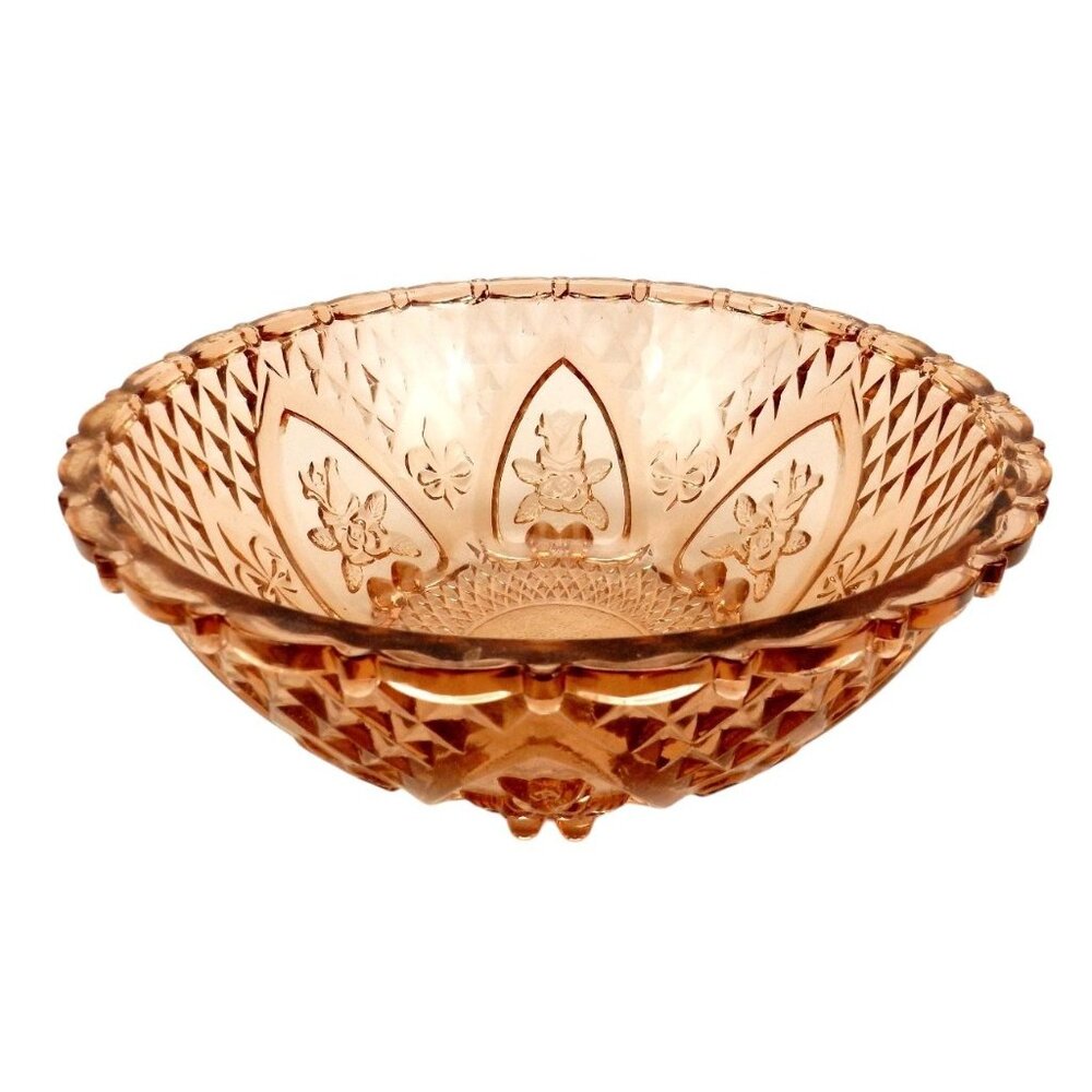 Vintage KIG Pink Glass Bowl With Roses and Fleur-de-Lis Pattern